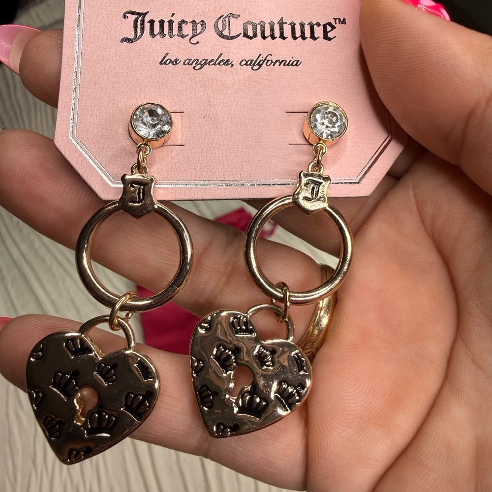 Juicy Couture Gold-Tone Heart Lock Drop Earrings with Crystal Studs - Picture 3 of 6